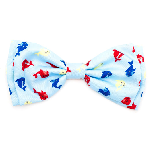 Pet Bow Tie for Dogs & Cats – Soft Printed Polyester Collar Bow Tie with Touch Fastener, Attaches to Any Collar - Narwhals Pattern, LiteBlue, Small