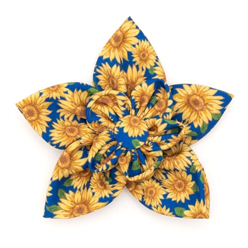 Flower Collar Attachment for Dogs & Cats – Soft Printed Polyester, Touch Fastener, Attaches to Any Collar - Sunflowers Pattern, Blue, Large