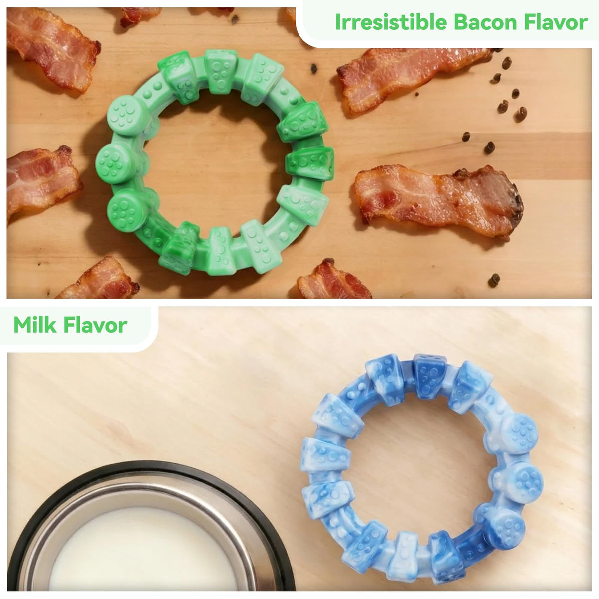 Tough Dog Toys for Aggressive Chewers 2 Pack, Indestructible Dog Toy for Large Dogs, Durable Chew Dog's Toys to Keep Them Busy, Bacon Flavored, Interactive Ring Dogs Toy