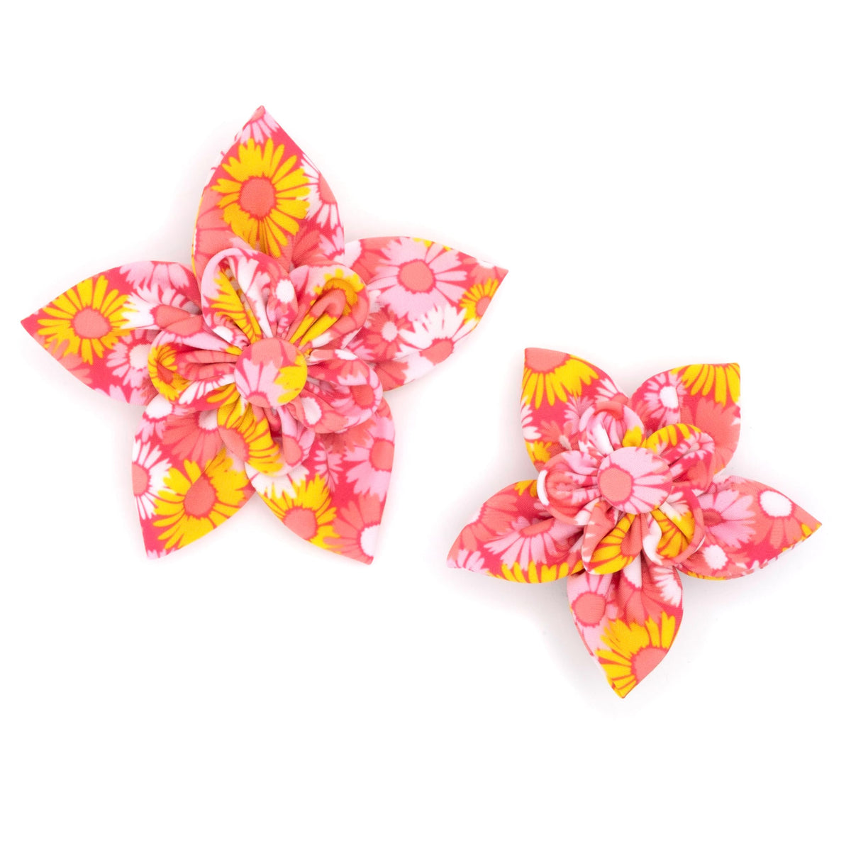 Flower Collar Attachment for Dogs & Cats – Soft Printed Polyester, Touch Fastener, Attaches to Any Collar - Sunflowers Pattern, Blue, Large