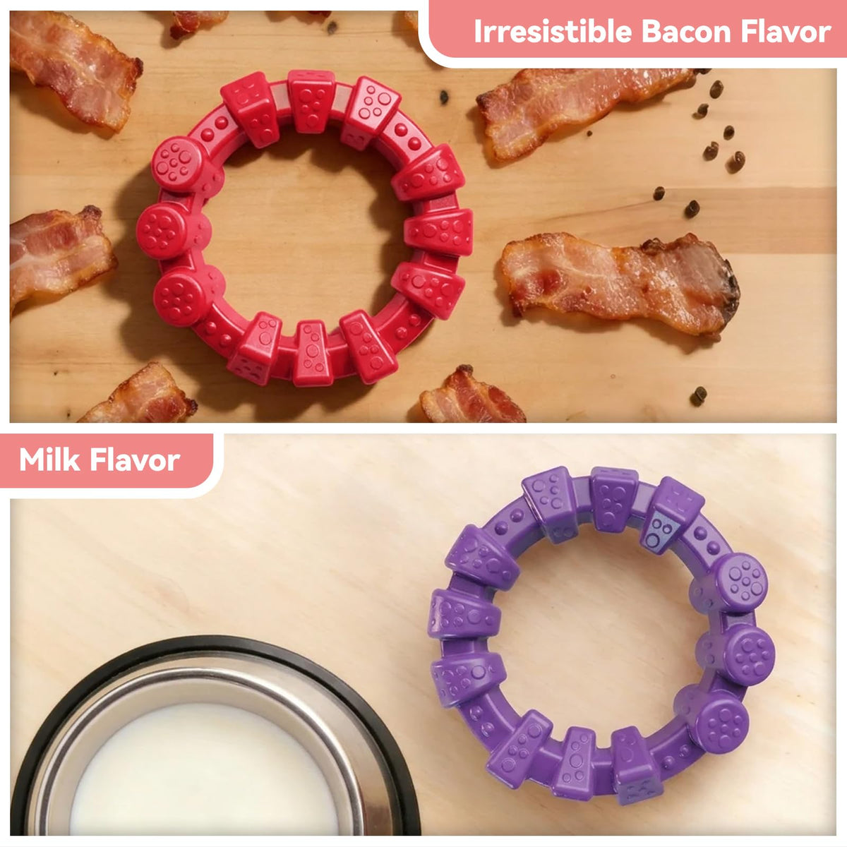 Tough Dog Toys for Aggressive Chewers 2 Pack, Indestructible Dog Toy for Large Dogs, Durable Chew Dog's Toys to Keep Them Busy, Bacon Flavored, Interactive Ring Dogs Toy
