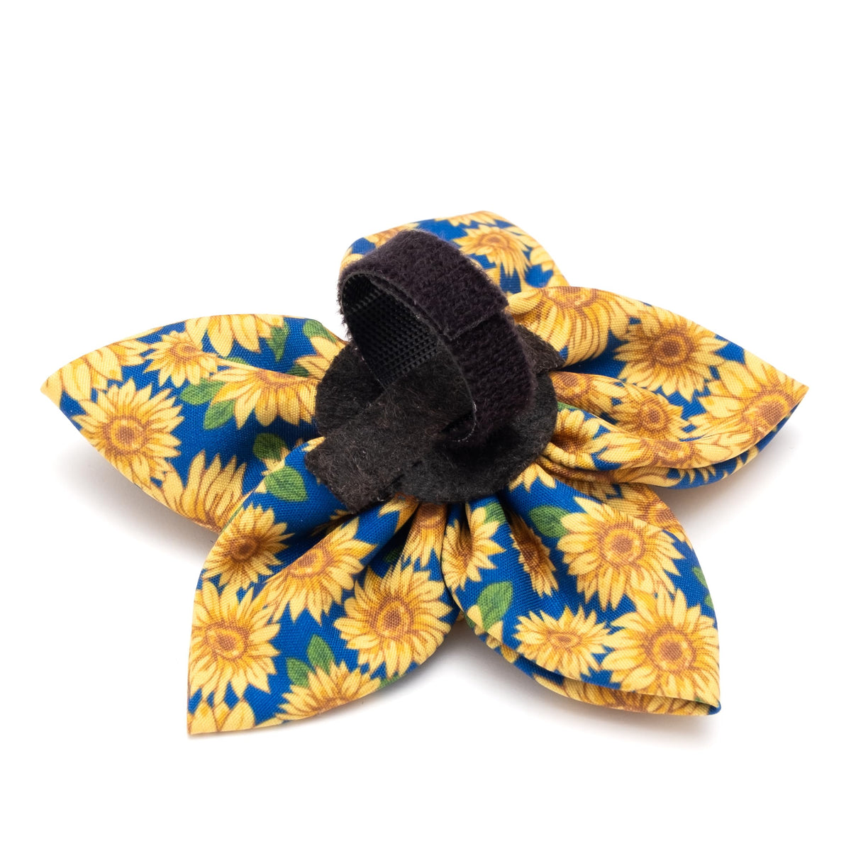 Flower Collar Attachment for Dogs & Cats – Soft Printed Polyester, Touch Fastener, Attaches to Any Collar - Sunflowers Pattern, Blue, Large