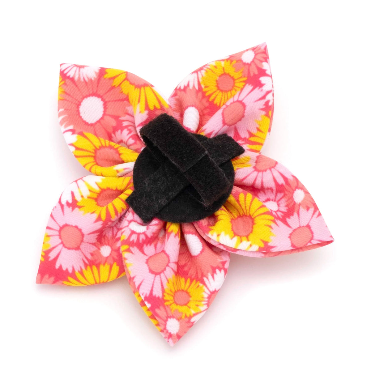 Flower Collar Attachment for Dogs & Cats – Soft Printed Polyester, Touch Fastener, Attaches to Any Collar - Sunflowers Pattern, Blue, Large