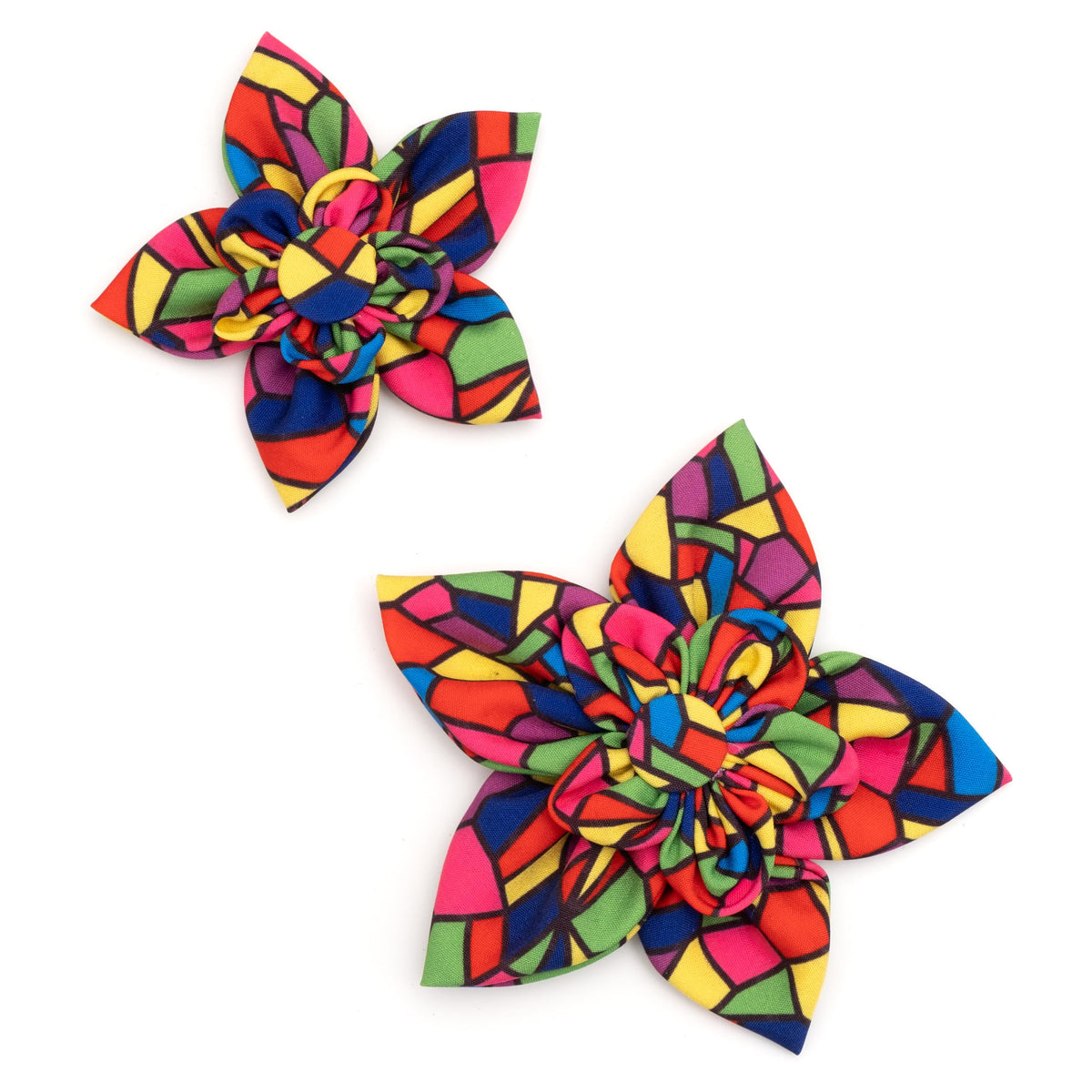 Flower Collar Attachment for Dogs & Cats – Soft Printed Polyester, Touch Fastener, Attaches to Any Collar - Sunflowers Pattern, Blue, Large