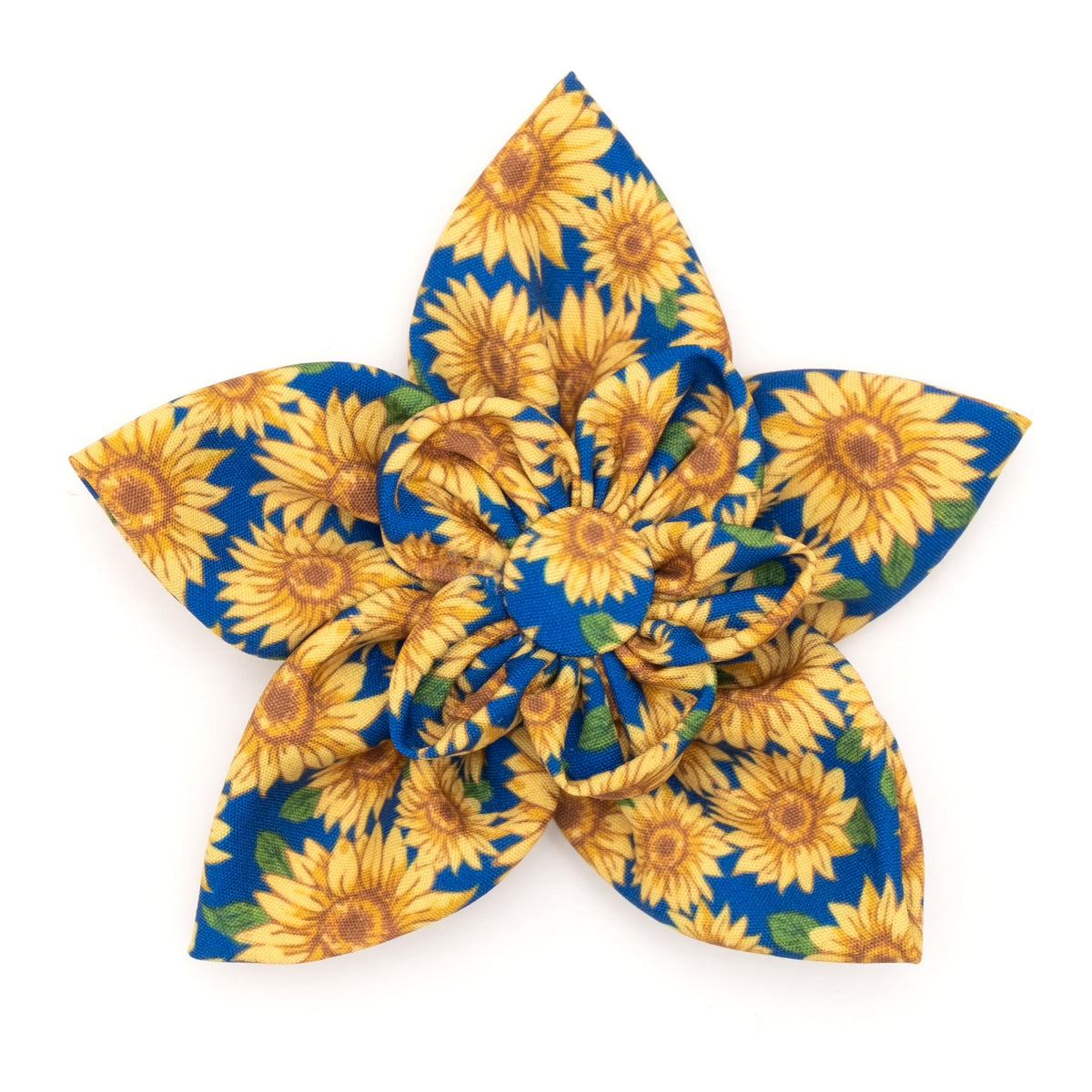 Flower Collar Attachment for Dogs & Cats – Soft Printed Polyester, Touch Fastener, Attaches to Any Collar - Sunflowers Pattern, Blue, Large