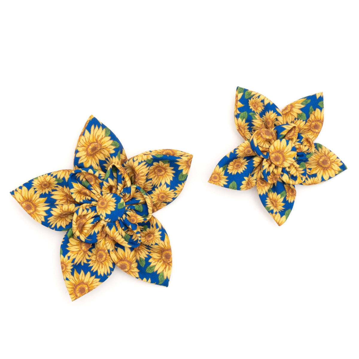 Flower Collar Attachment for Dogs & Cats – Soft Printed Polyester, Touch Fastener, Attaches to Any Collar - Sunflowers Pattern, Blue, Large