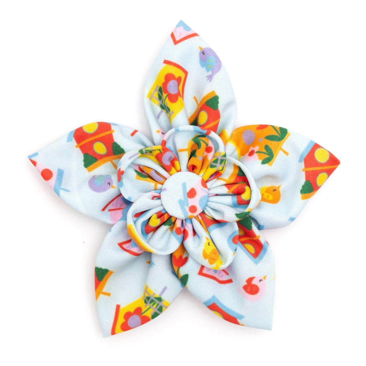 Flower Collar Attachment for Dogs & Cats – Soft Printed Polyester, Touch Fastener, Attaches to Any Collar - Sunflowers Pattern, Blue, Large