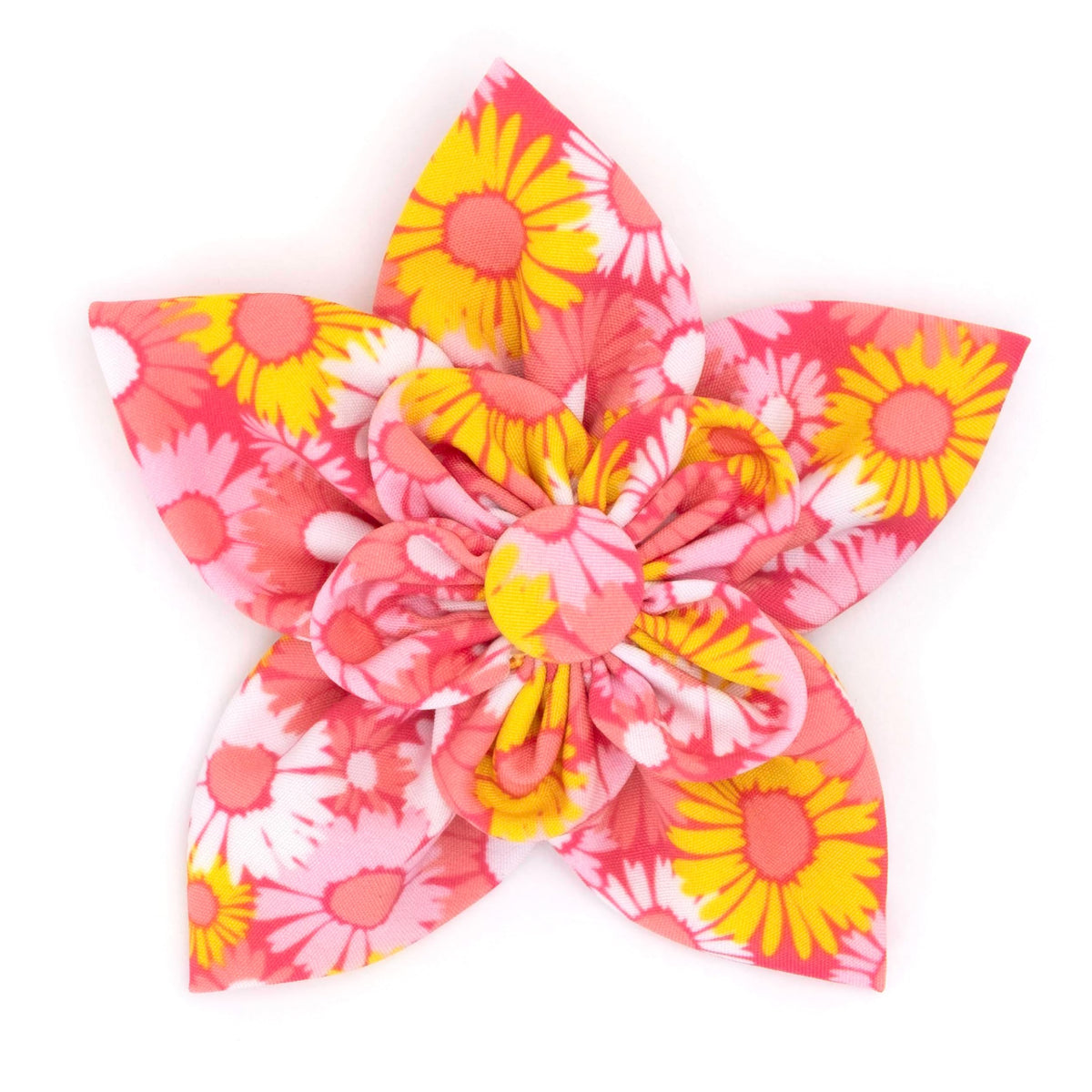 Flower Collar Attachment for Dogs & Cats – Soft Printed Polyester, Touch Fastener, Attaches to Any Collar - Sunflowers Pattern, Blue, Large
