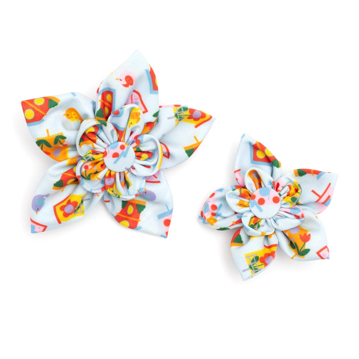 Flower Collar Attachment for Dogs & Cats – Soft Printed Polyester, Touch Fastener, Attaches to Any Collar - Sunflowers Pattern, Blue, Large