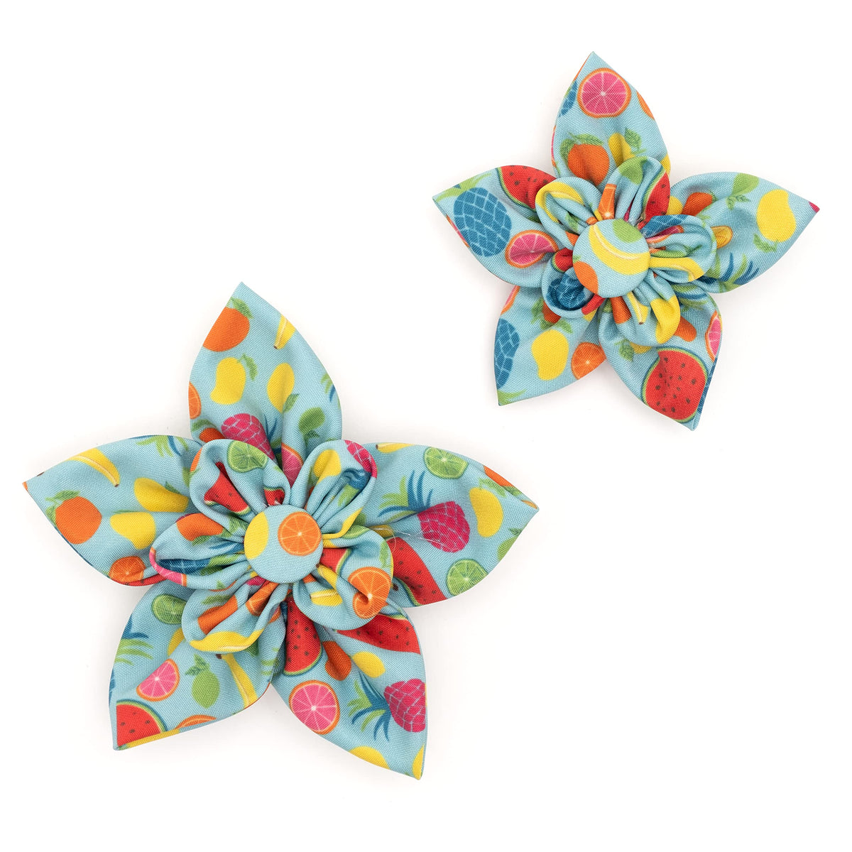 Flower Collar Attachment for Dogs & Cats – Soft Printed Polyester, Touch Fastener, Attaches to Any Collar - Sunflowers Pattern, Blue, Large